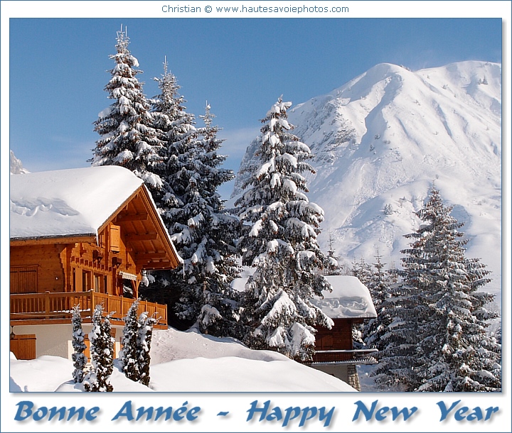 Bonne Année - chalet et sapins